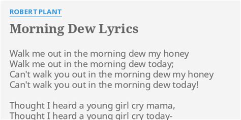 Morning dew lyrics - A few years later in 1967, Tim Rose added a few new lyrics to the song and included “Morning Dew” on his self-titled album. Through some music business machinations, Rose became accredited as co-writer of the song, which for decades and to this day, still renders partial loyalties from the song to his estate.